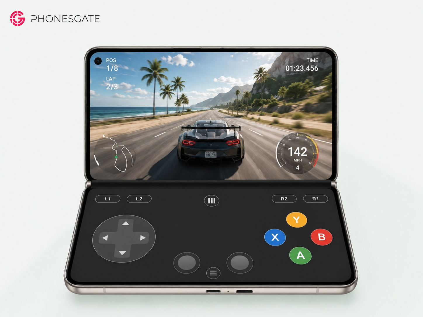 Foldable smartphone showing a racing game and lower-screen controls