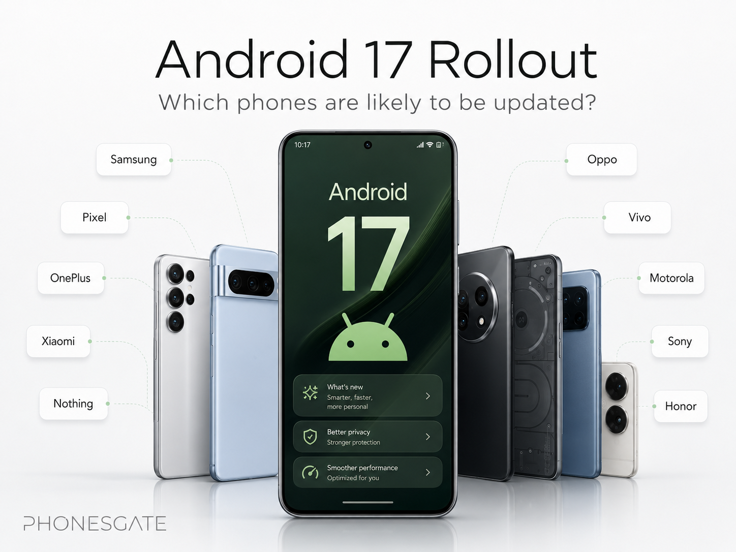 PhonesGate Android 17 infographic showing expected device families by manufacturer