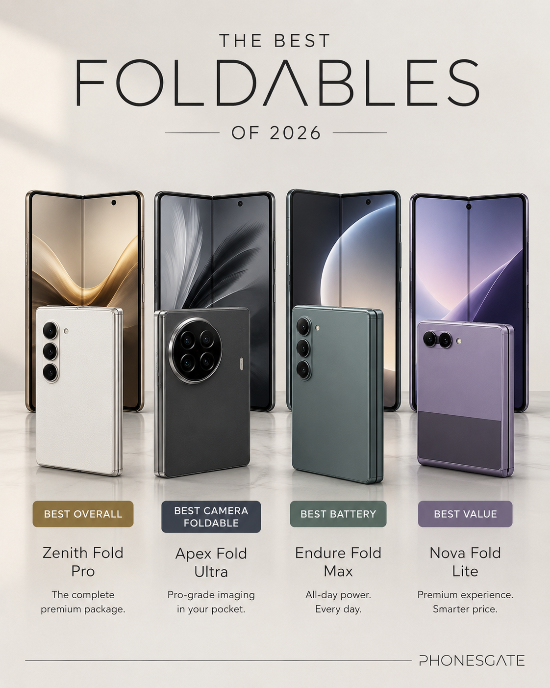 PhonesGate editorial comparison graphic presenting foldable categories such as best overall camera battery and value