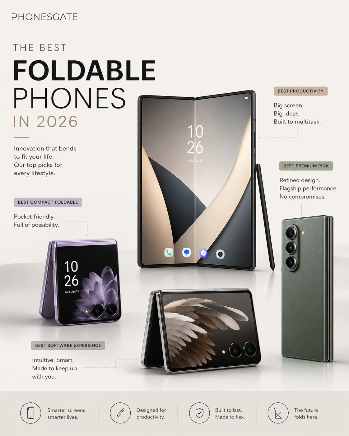 PhonesGate foldable buyer guide graphic highlighting productivity compact premium and software categories