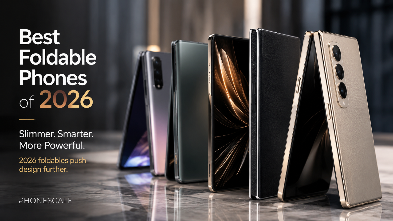 PhonesGate editorial image showing several premium foldable phones in partially open positions with the text slimmer smarter more powerful