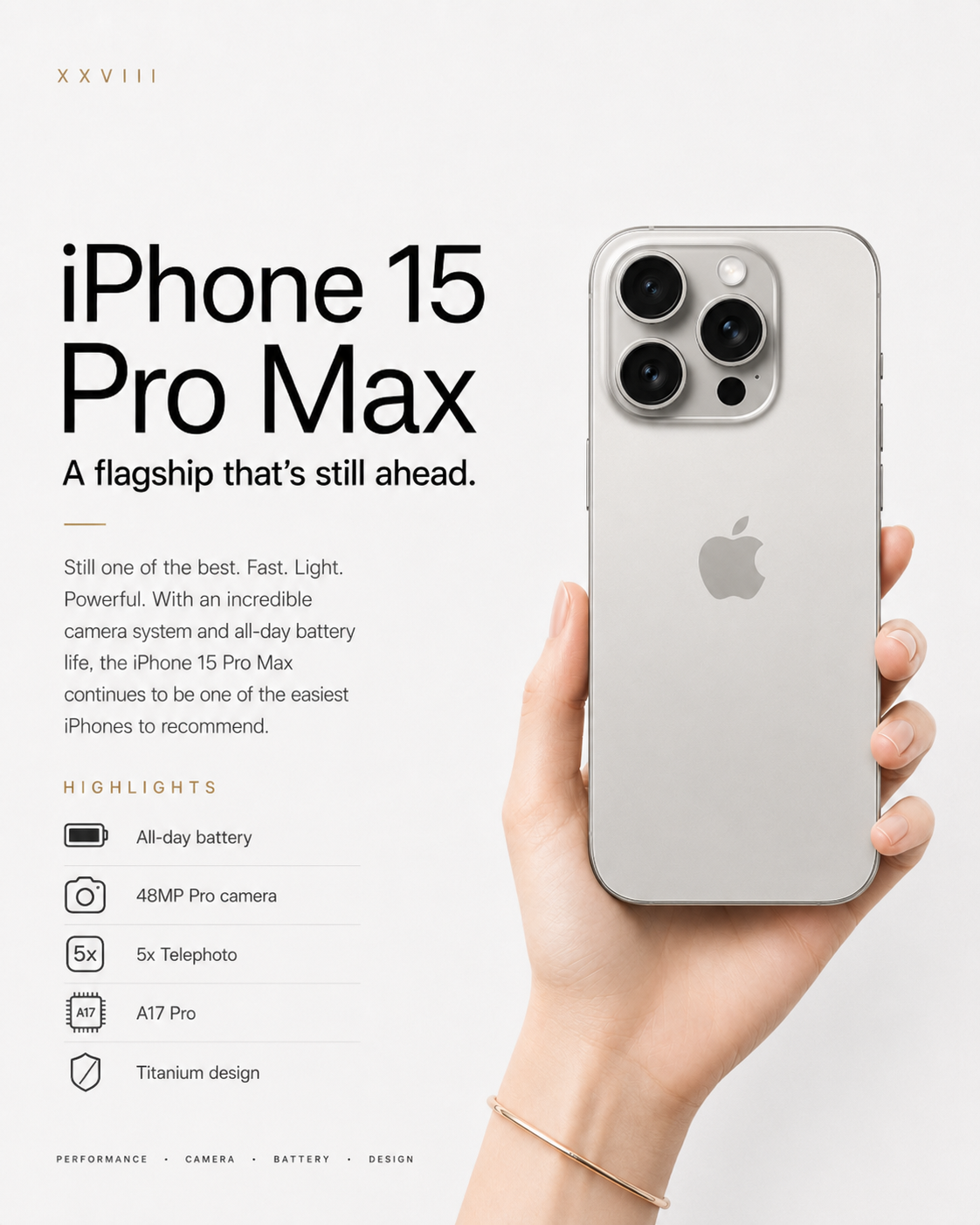 Editorial illustration of an iPhone 15 Pro Max-style device held by a fair-skinned hand with feature highlights