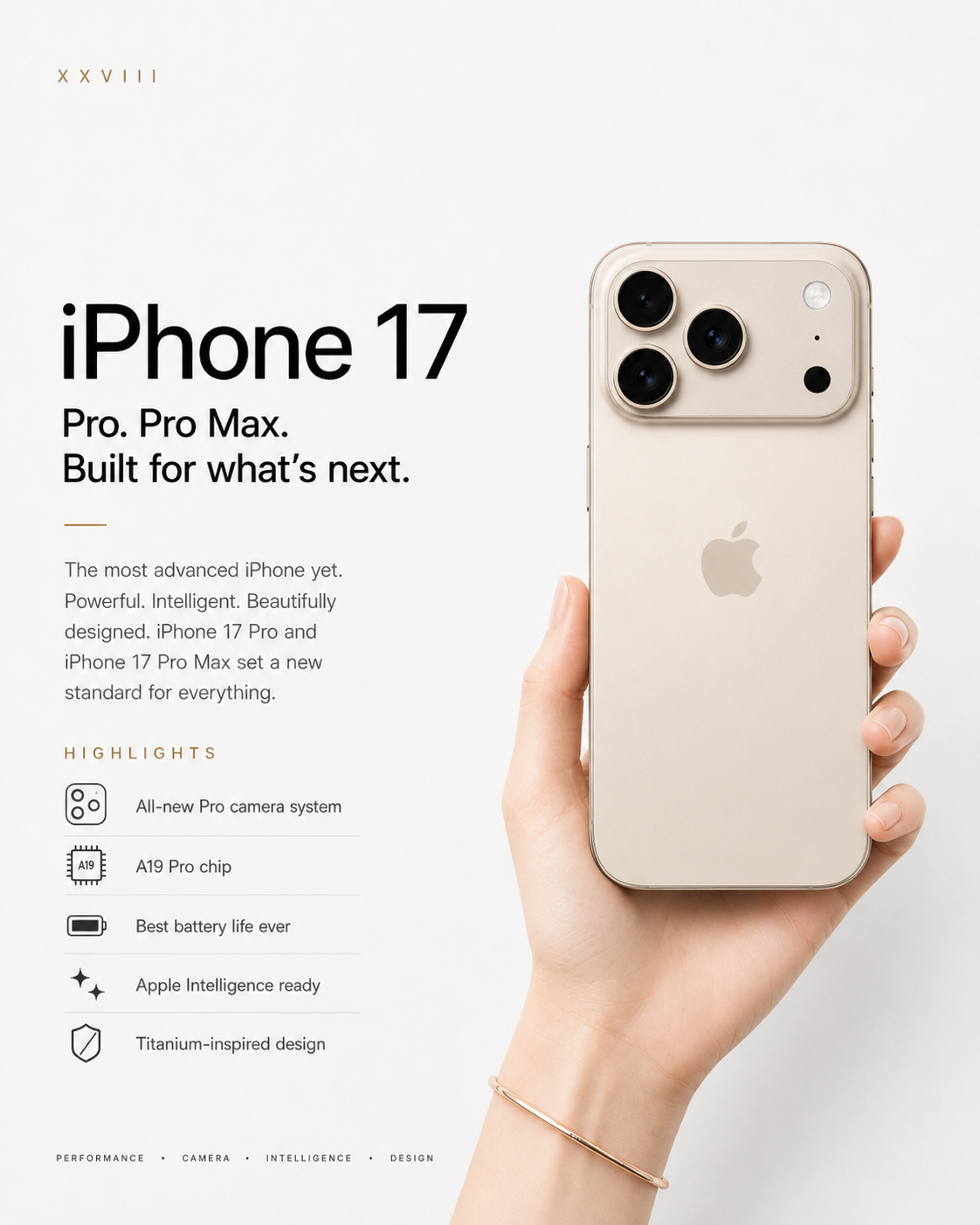 Editorial illustration of an iPhone 17 Pro-style device held by a fair-skinned hand with feature highlights