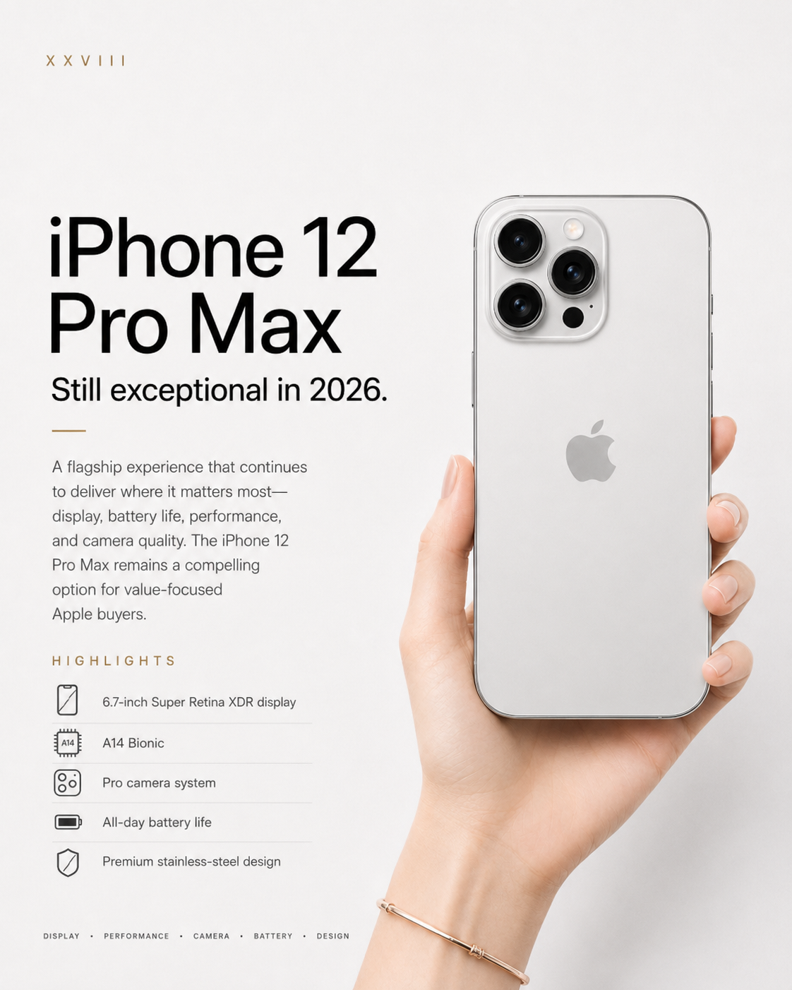 Editorial illustration of an iPhone 12 Pro Max-style device held by a fair-skinned hand with feature highlights