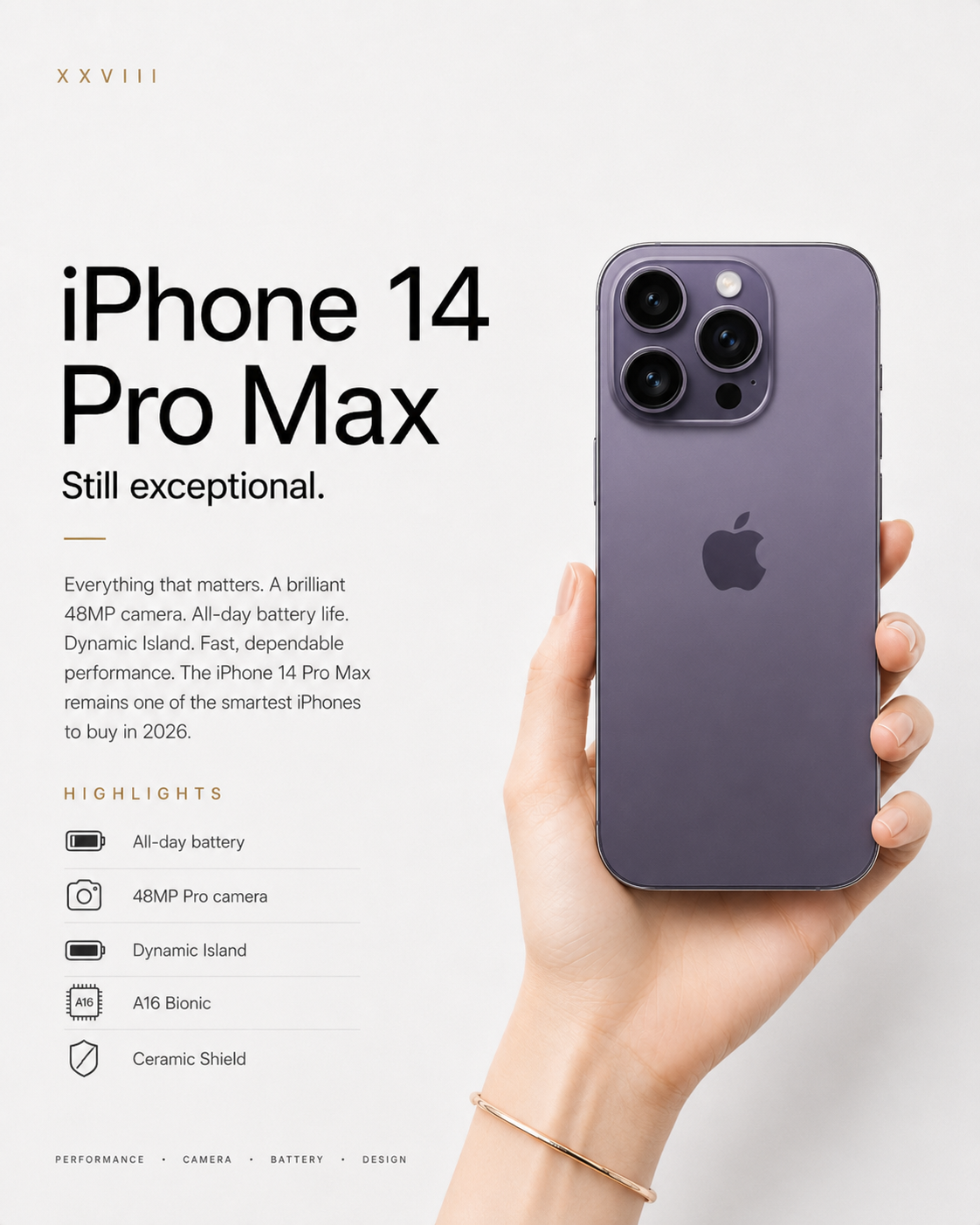 Editorial illustration of a purple iPhone 14 Pro Max-style device held by a fair-skinned hand with feature highlights