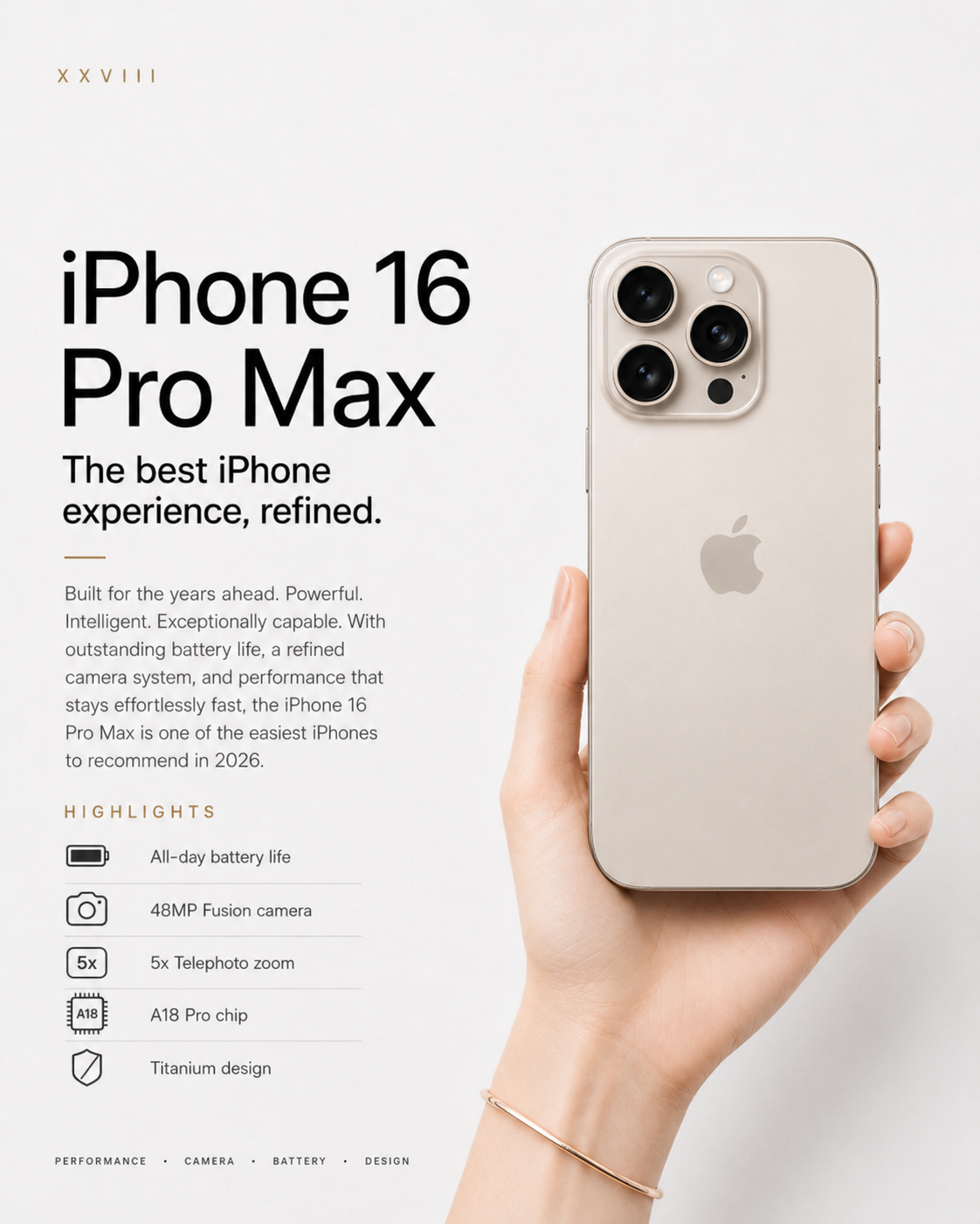 Editorial illustration of an iPhone 16 Pro Max-style device held by a fair-skinned hand with feature highlights