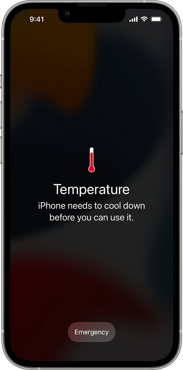 Official iPhone temperature warning screen stating that the device needs to cool down