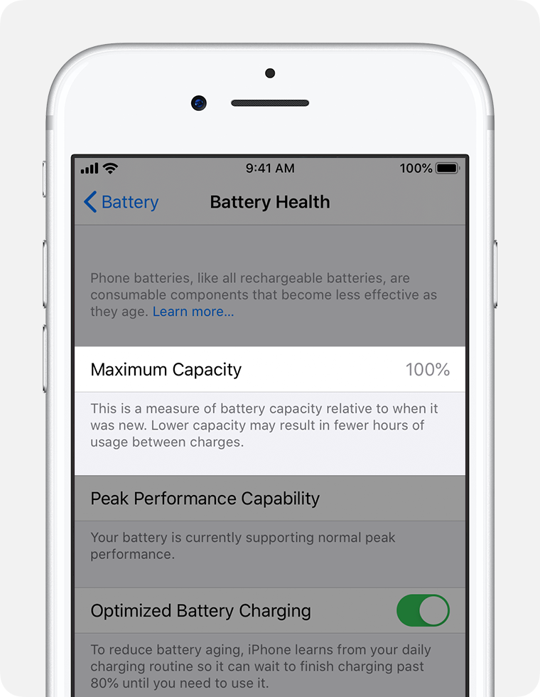 Official Apple Battery Health example showing Maximum Capacity and Peak Performance Capability