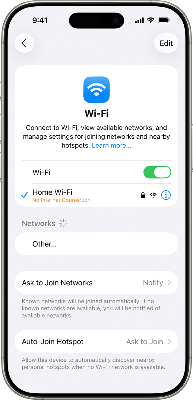 Official iPhone Wi-Fi settings screen showing a Home Wi-Fi network with no internet connection