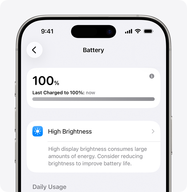 Official iPhone Battery screen showing a high-brightness energy-use suggestion