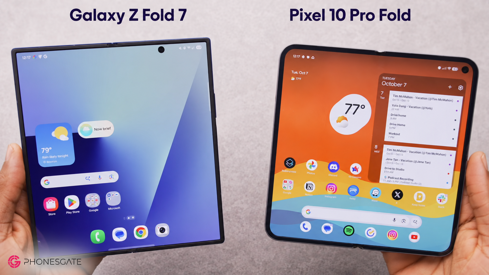 Galaxy Z Fold 7 and Pixel 10 Pro Fold opened side by side