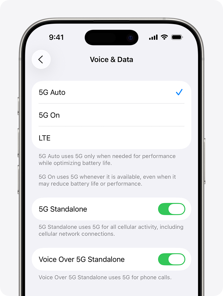 iPhone Voice and Data settings showing 5G Auto selected