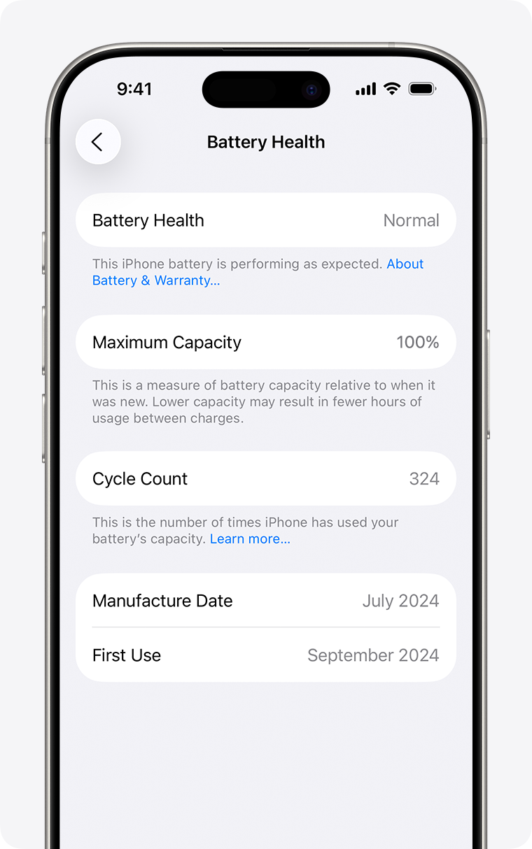 iPhone Battery Health settings showing maximum capacity and cycle count