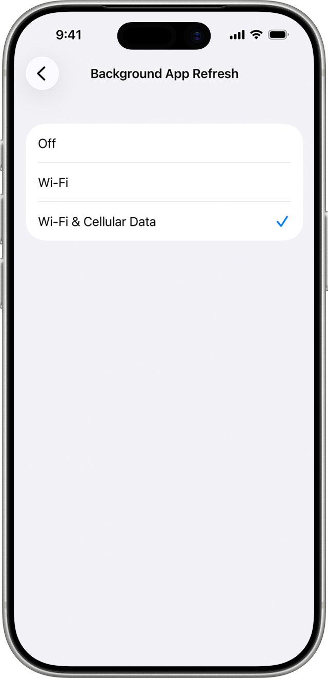 iPhone Background App Refresh settings showing Off, Wi-Fi and Wi-Fi and Cellular Data options