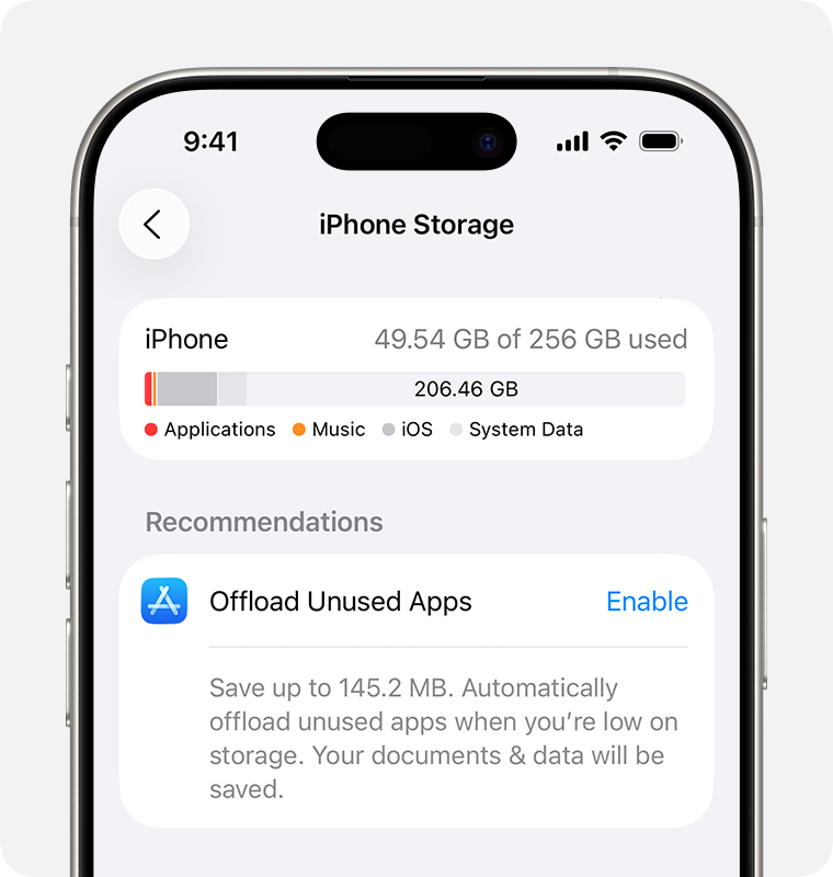 iPhone Storage settings showing available capacity and Offload Unused Apps recommendation