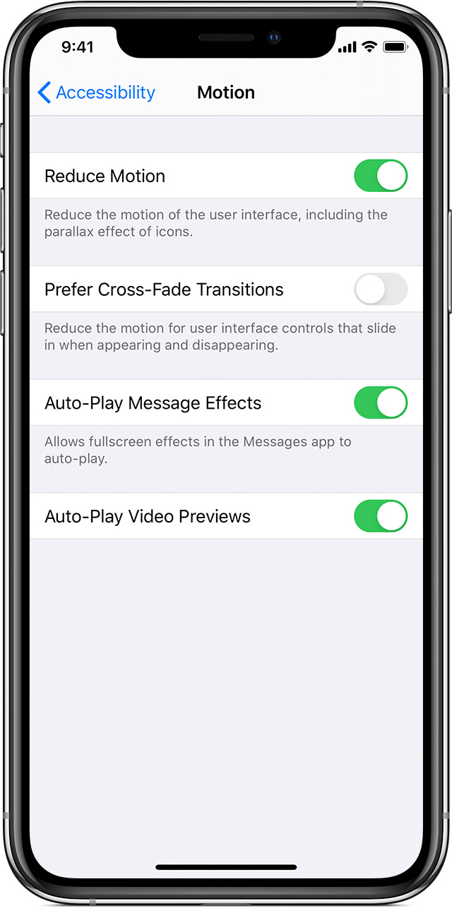iPhone Accessibility Motion settings showing Reduce Motion enabled