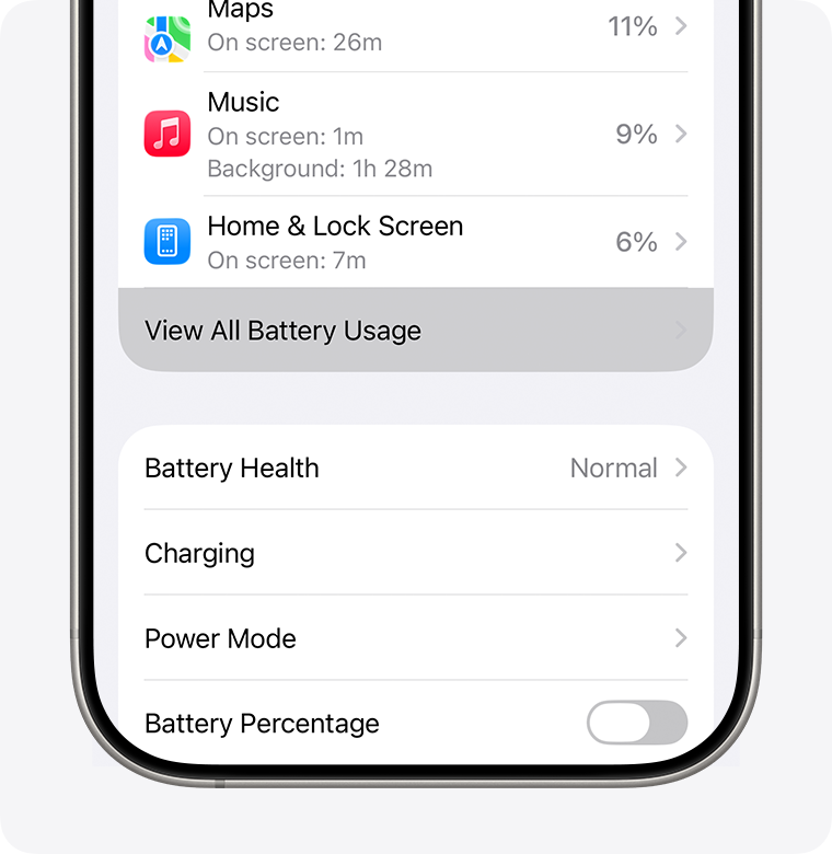 iPhone Battery settings showing Battery Health, Charging and Power Mode