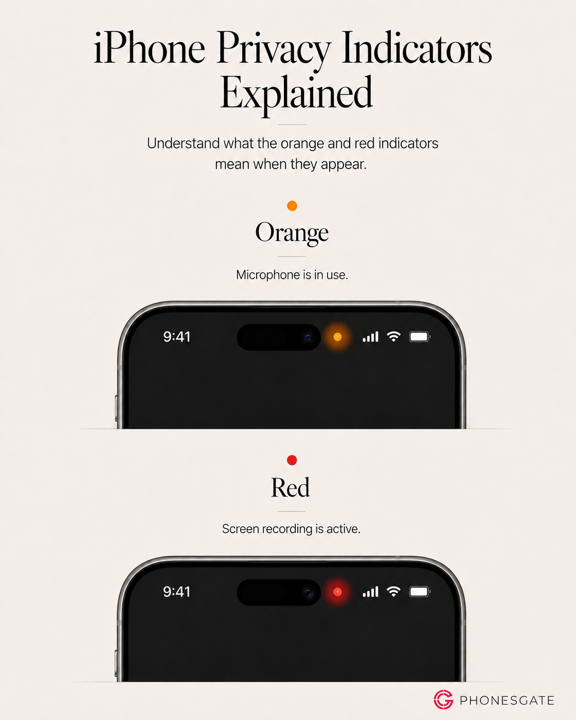 PhonesGate infographic explaining orange and red iPhone privacy indicators with example iPhone tops