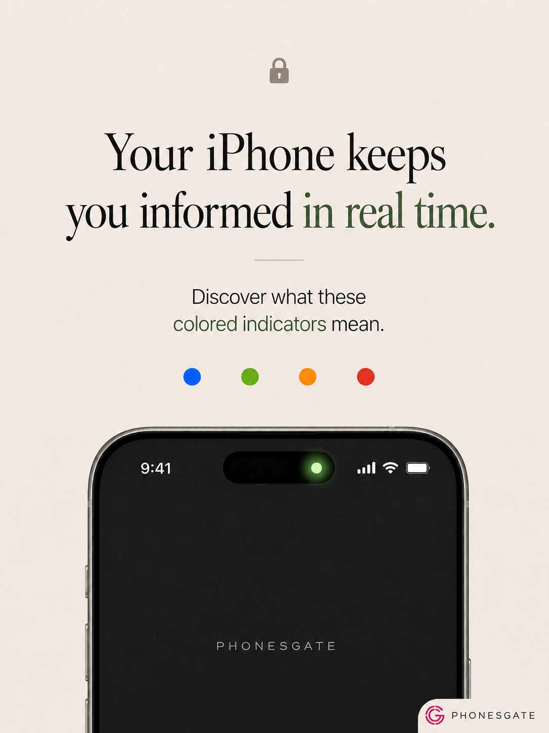 PhonesGate editorial intro graphic about iPhone privacy indicators with a green indicator and colored dots