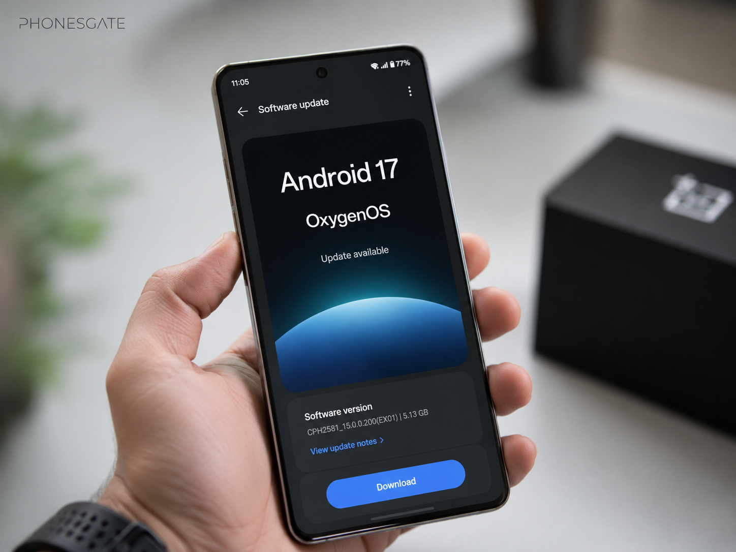 PhonesGate image of a OnePlus phone displaying an Android 17 OxygenOS software update