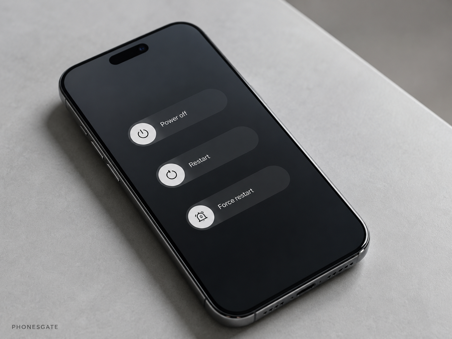 PhonesGate visual explaining power off, restart and force restart on a modern smartphone