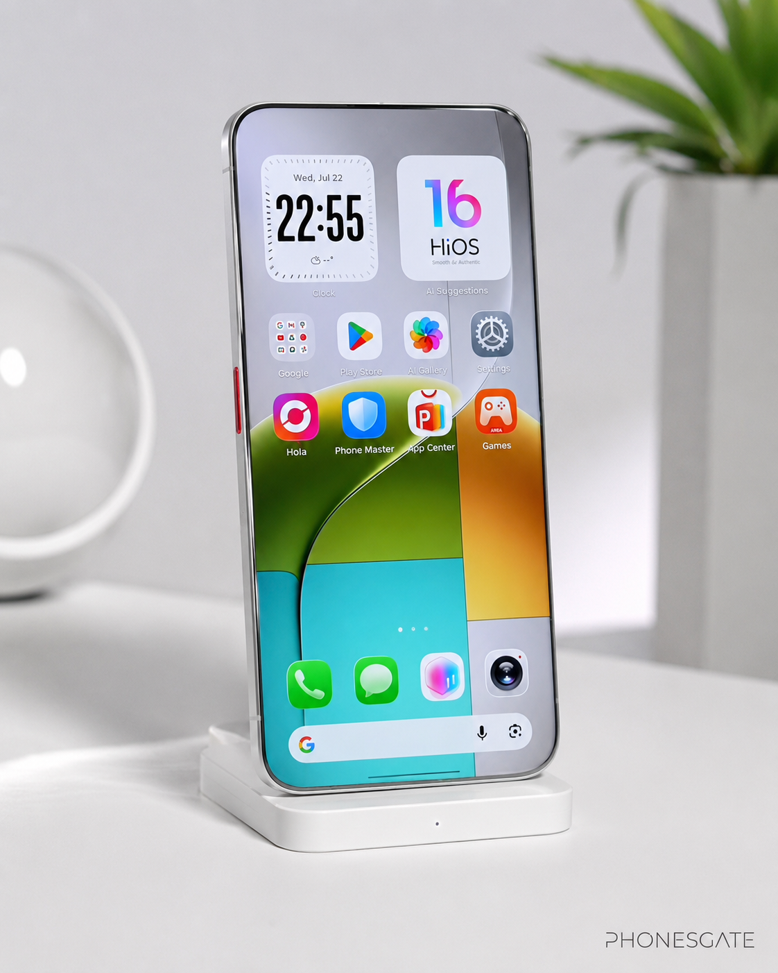 PhonesGate concept visual of a bezel-free smartphone standing on a charging dock