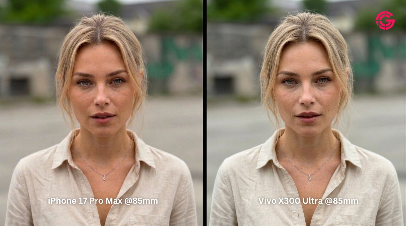 Side-by-side portrait comparison between the iPhone 17 Pro Max and Vivo X300 Ultra at 85mm