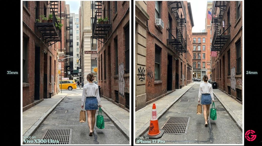 Street scene comparison between a Vivo X300 Ultra at 35mm and an iPhone 17 Pro at 24mm