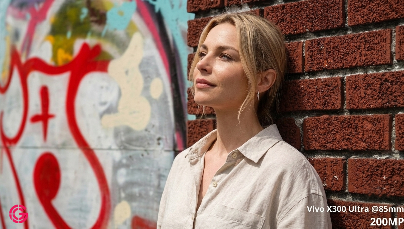 Vivo X300 Ultra 85mm 200MP portrait sample beside a brick wall