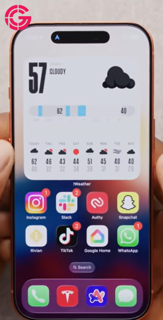 iPhone home screen with a large weather widget