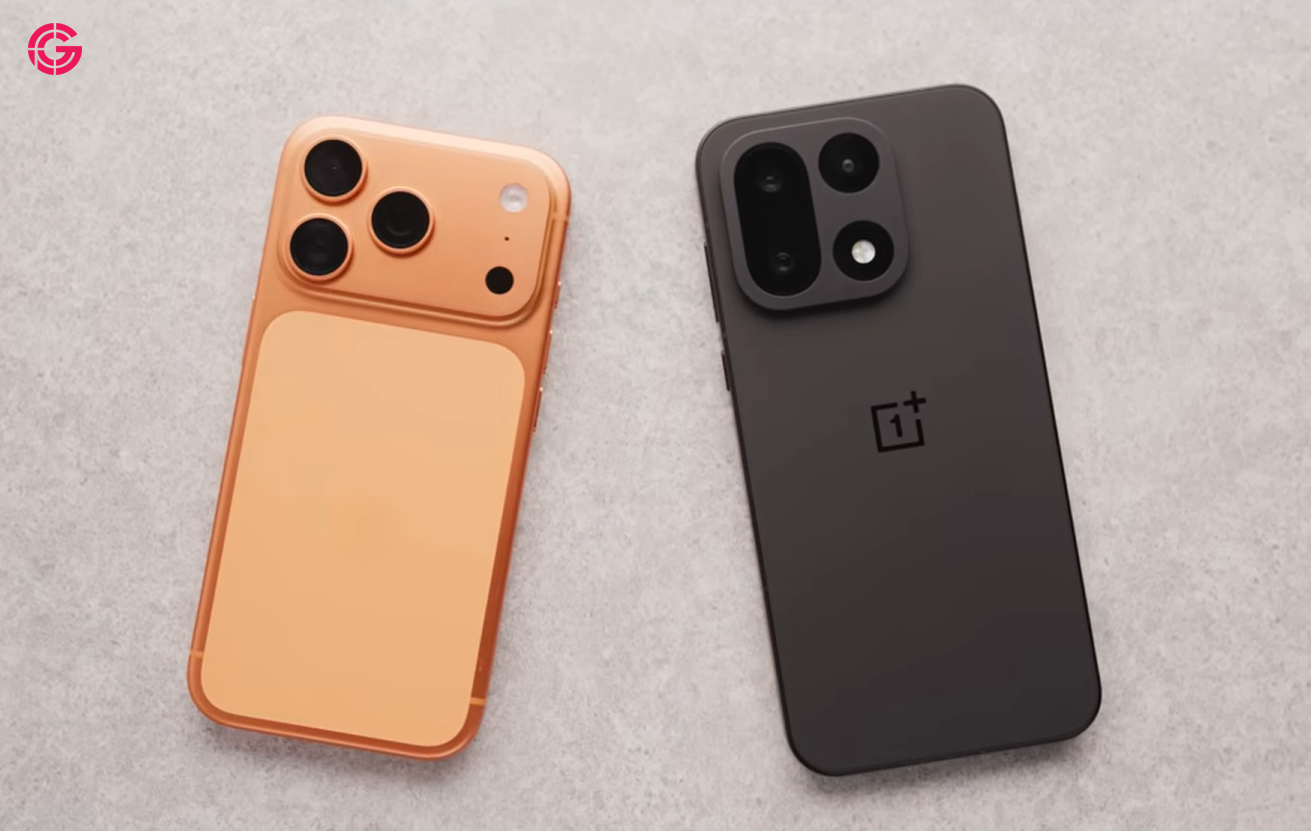 Orange iPhone Pro and dark OnePlus flagship phone