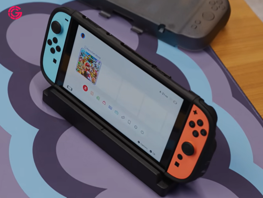 Nintendo Switch console with colorful controllers