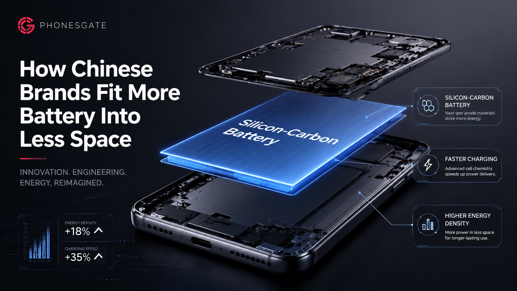 PhonesGate technical illustration showing a silicon-carbon smartphone battery inside a phone