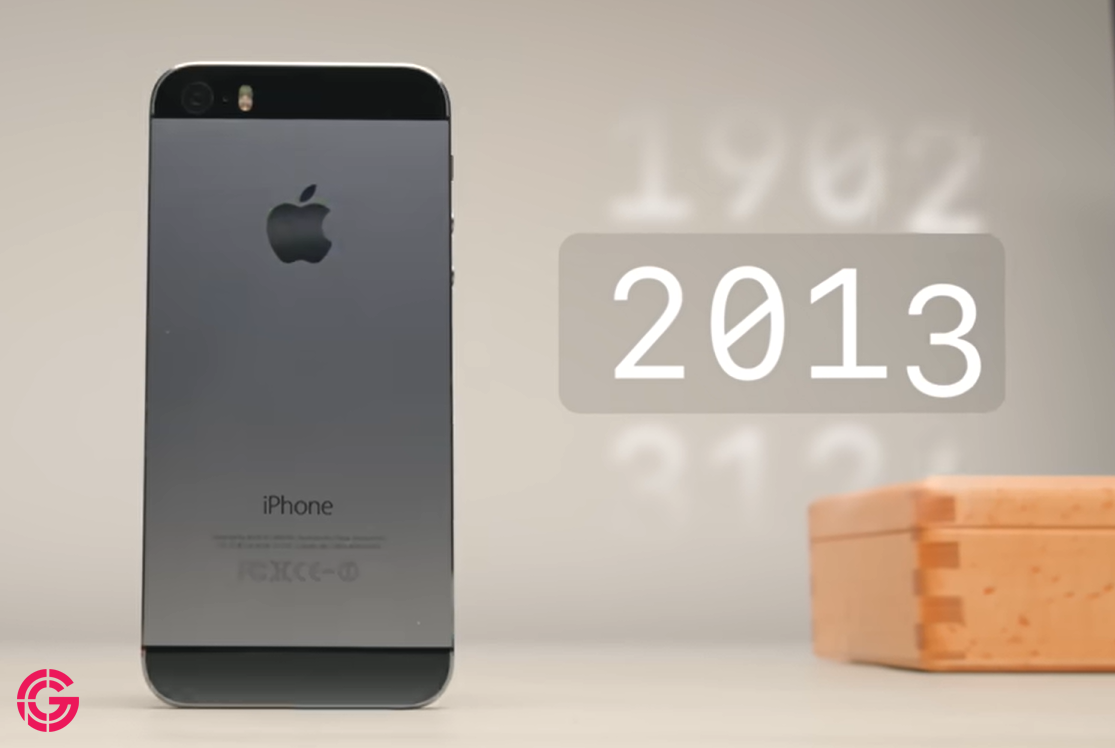 iPhone 5s standing upright with the year 2013 displayed beside it
