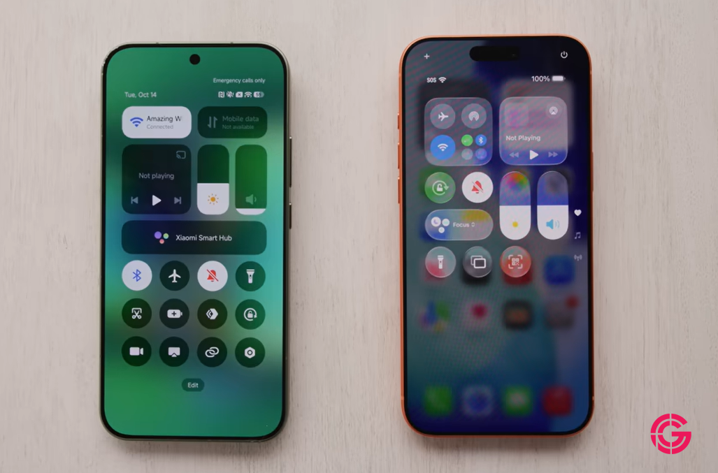 Xiaomi control centre next to the iOS Control Center