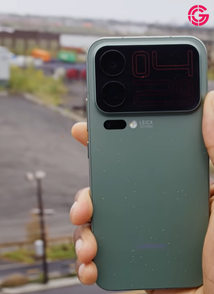 Xiaomi 17 Pro Max rear display showing a clock outdoors