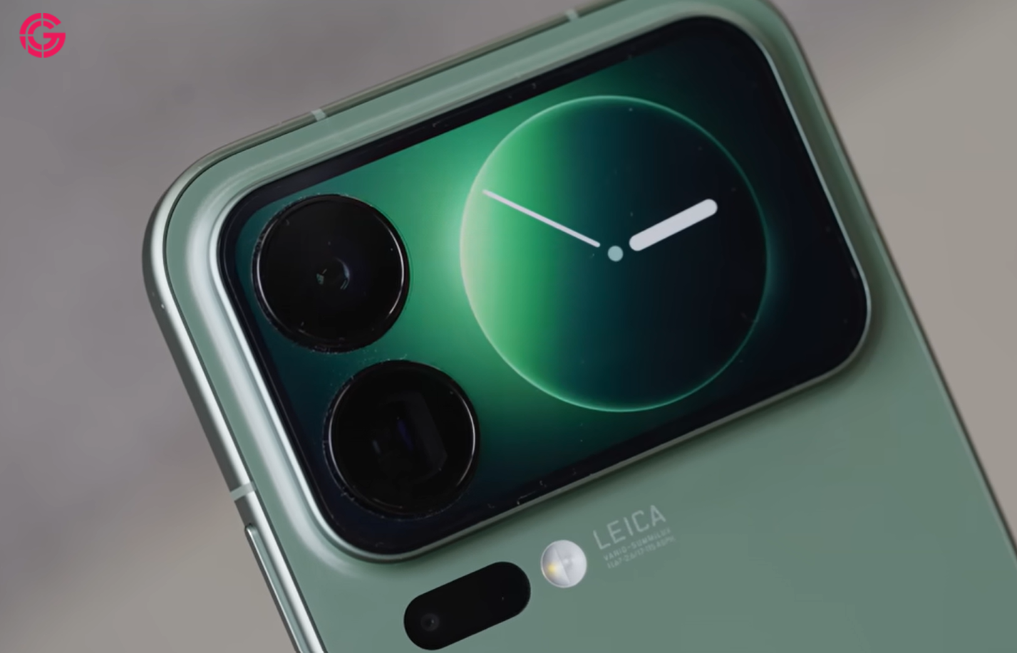 Close-up of the Xiaomi 17 Pro Max Leica-branded cameras beside the rear display