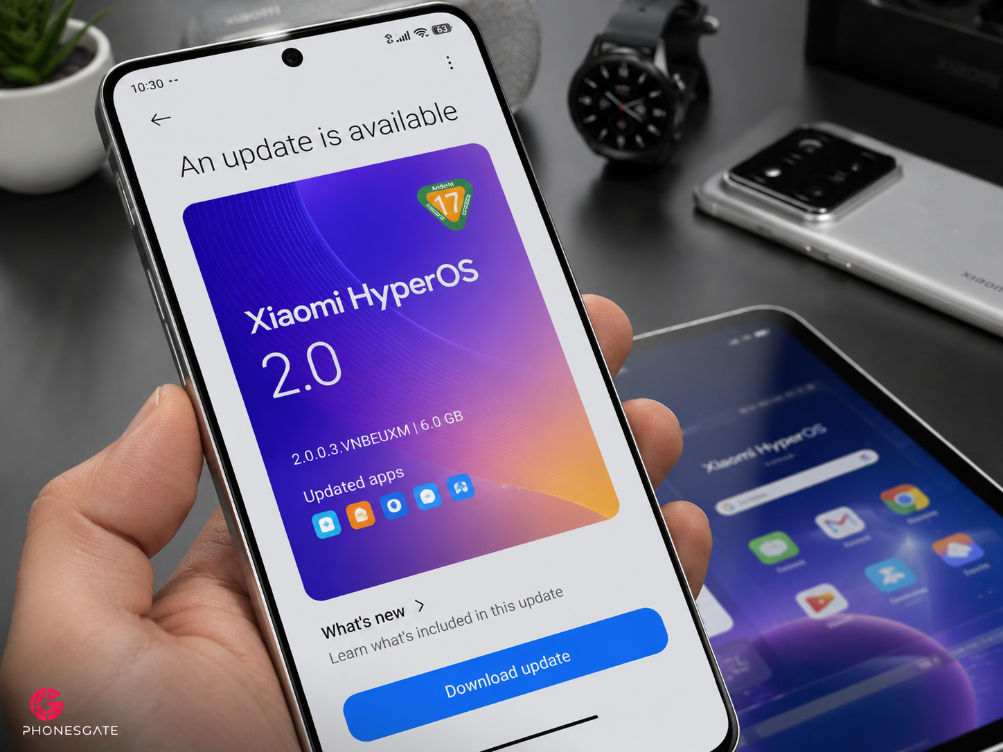 PhonesGate close-up image of a Xiaomi phone displaying a HyperOS update page