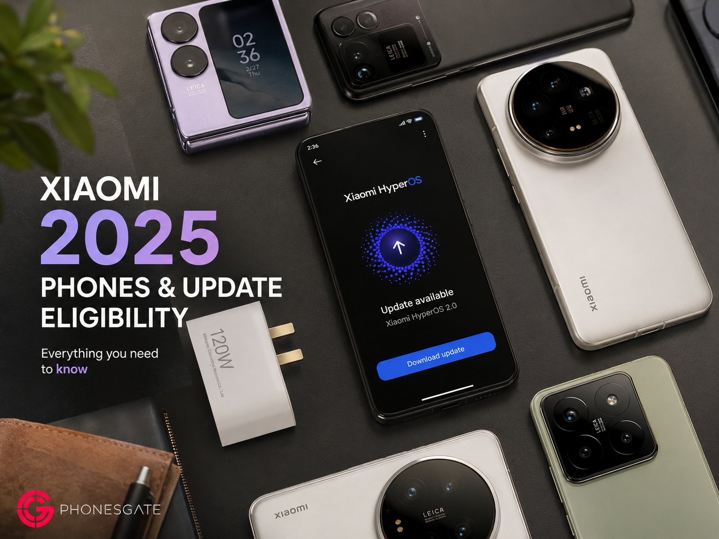 PhonesGate flat-lay image of multiple Xiaomi phones with a HyperOS update screen and 2025 update eligibility text