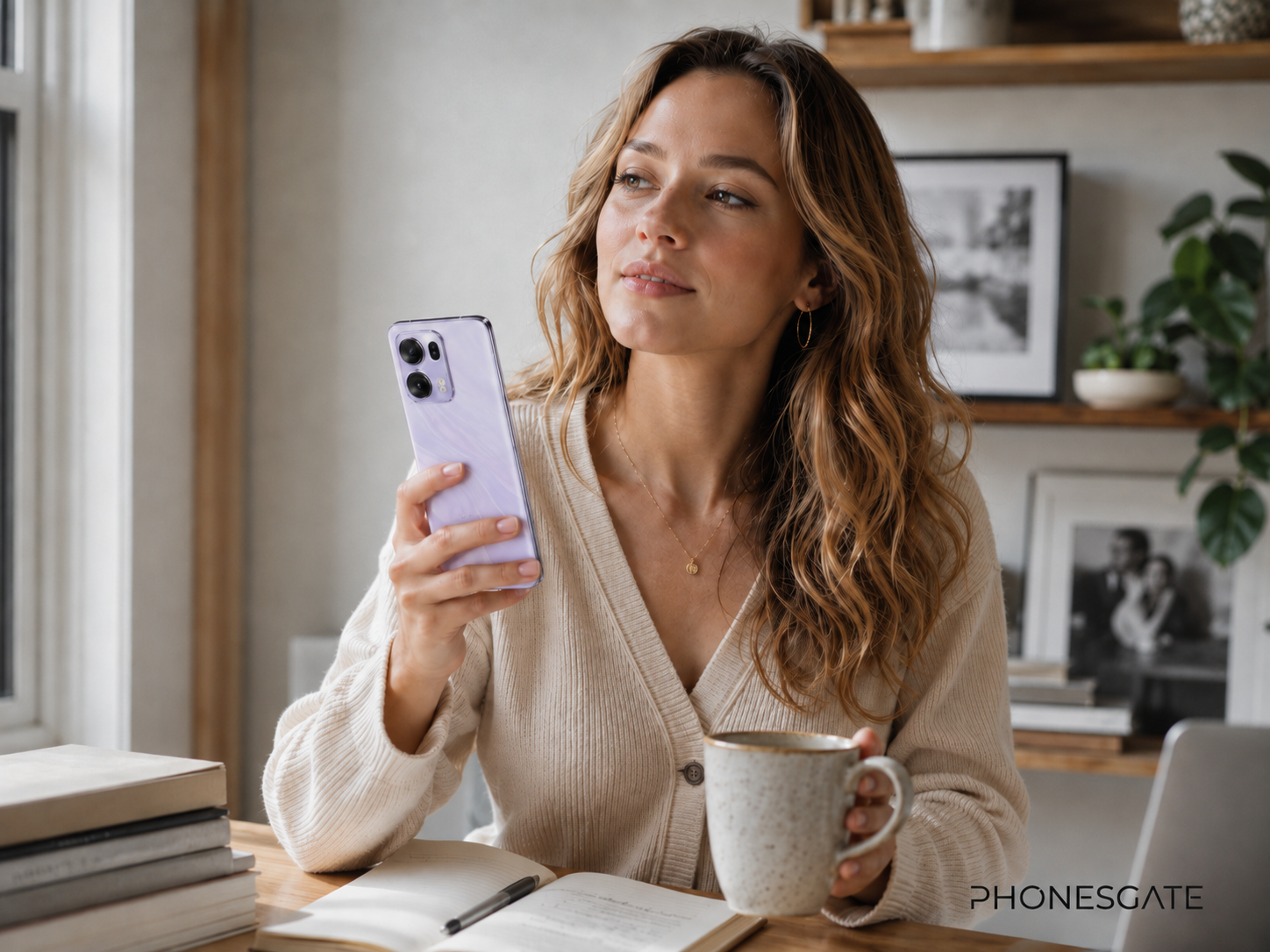 Lifestyle image of the OPPO Reno16 Pro in a warm home office setting