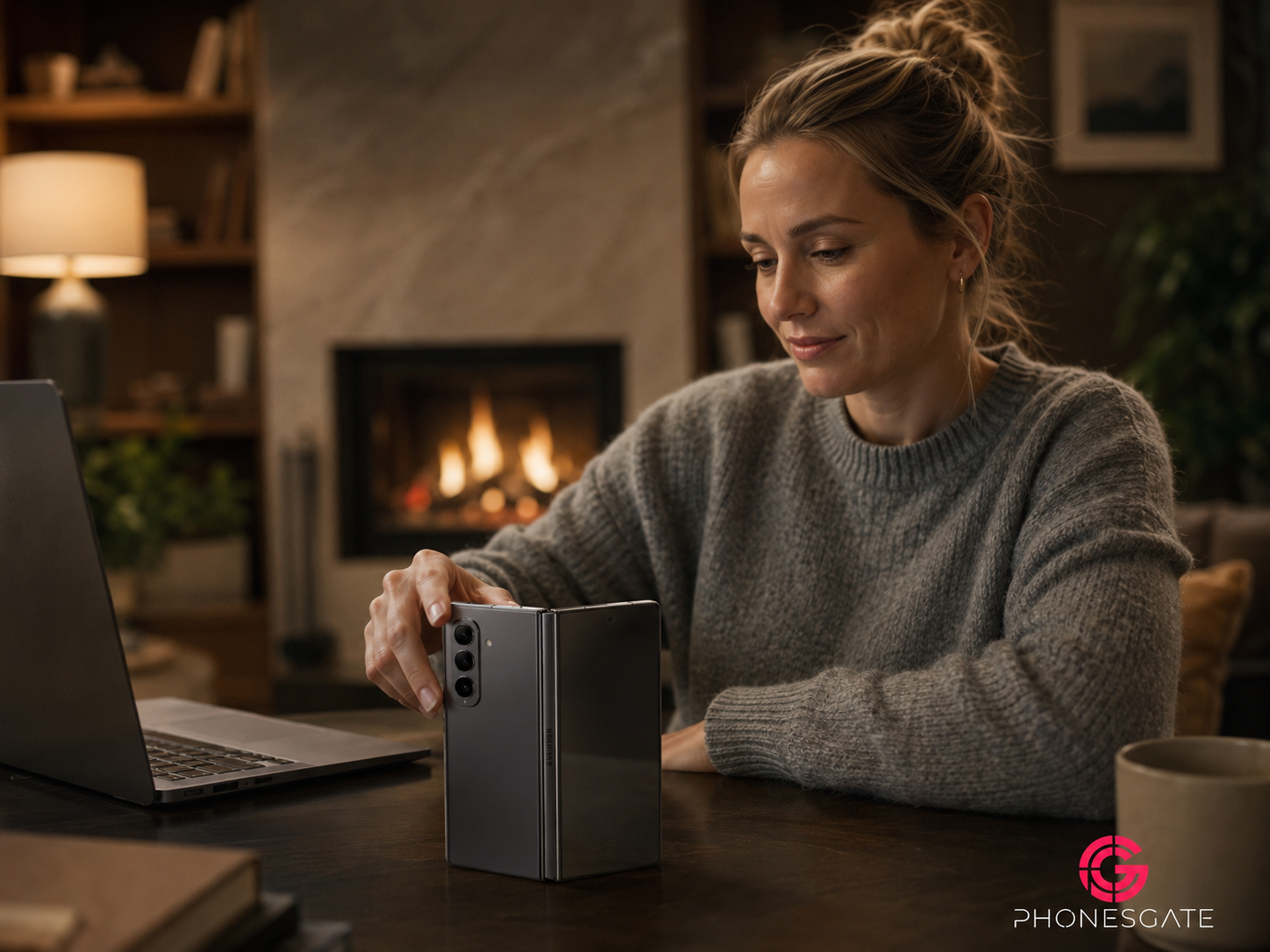 Samsung Galaxy Z Fold8 Ultra standing on a table next to a laptop in a warm room