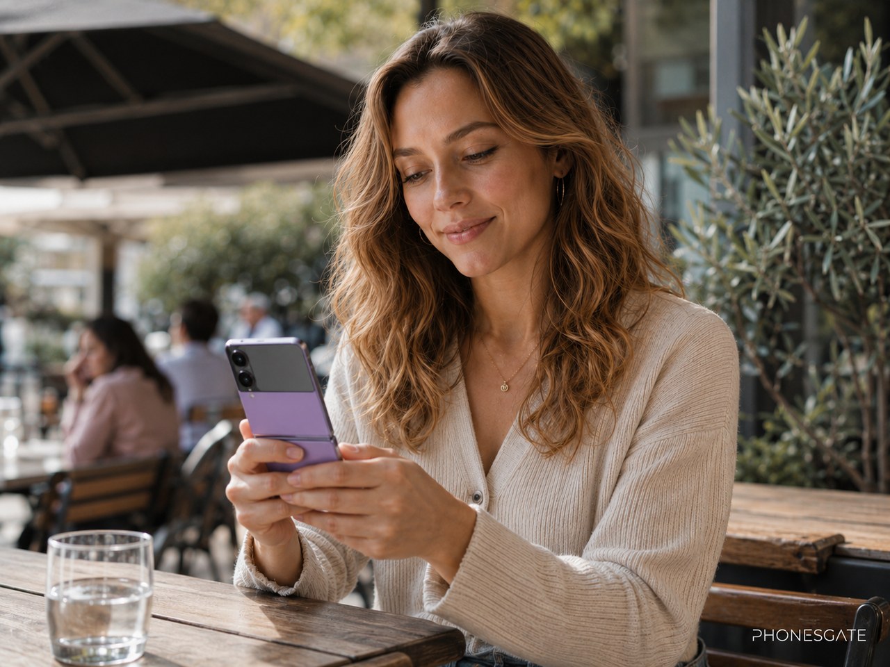 Woman using a lavender Samsung Galaxy Z Flip8 at an outdoor cafe