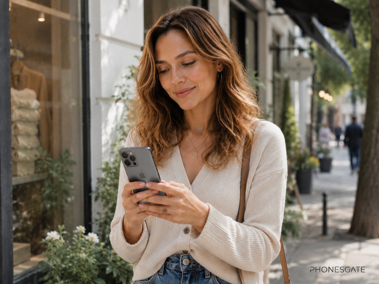 Woman using an iPhone 17 on a city shopping street