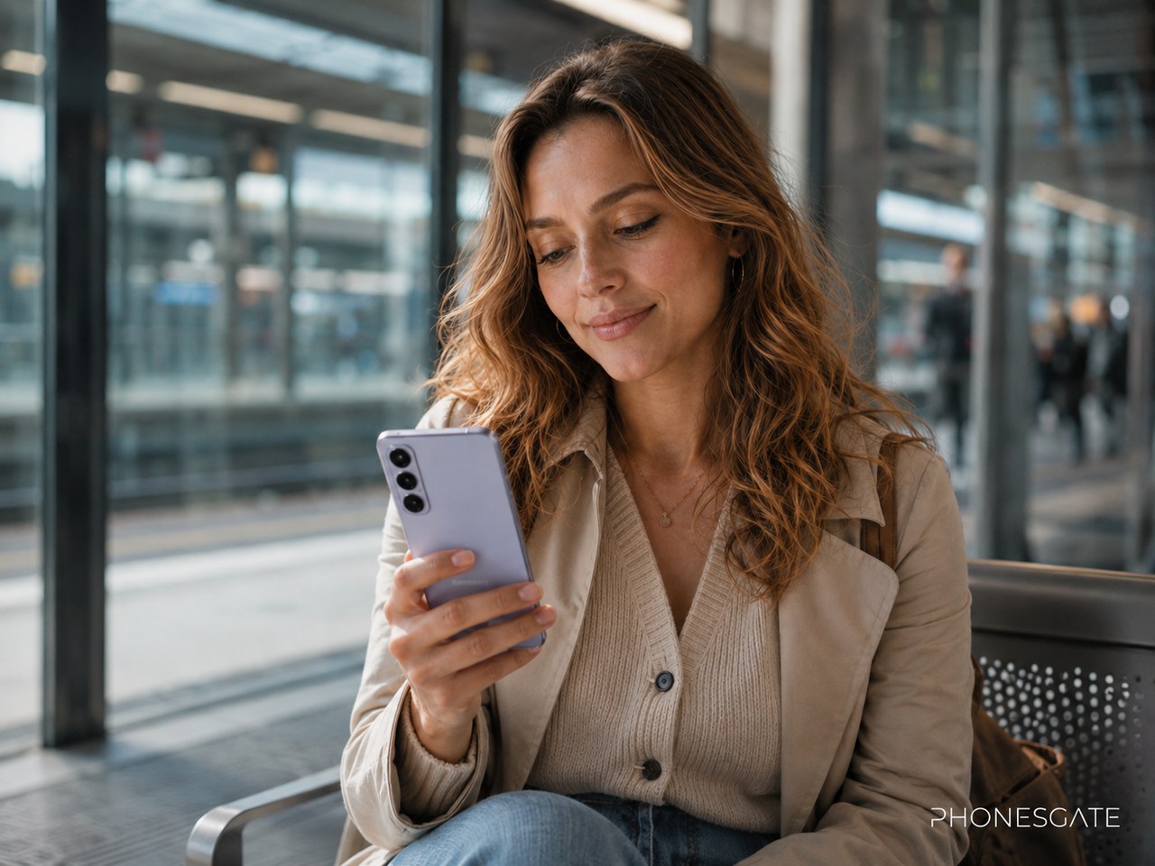 Woman using a Samsung Galaxy A57 5G in a modern terminal