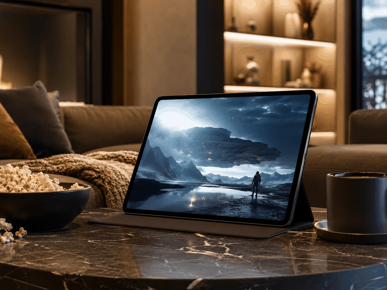 Tablet on a coffee table showing cinematic content in a cozy living room