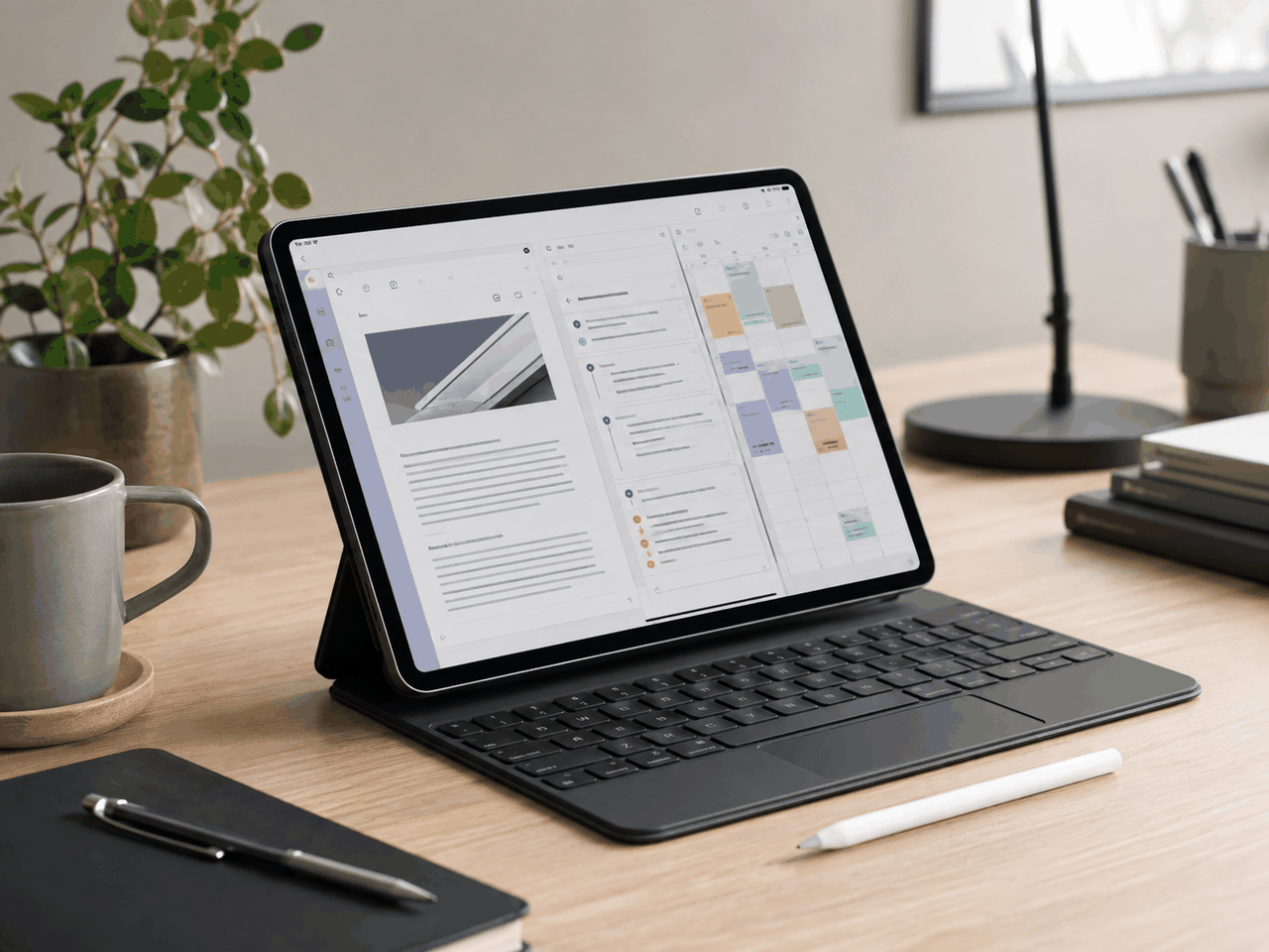 Tablet with keyboard on a desk showing productivity tools