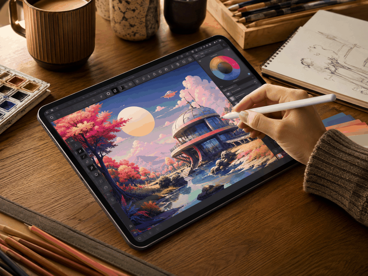 Tablet being used with a stylus for digital drawing