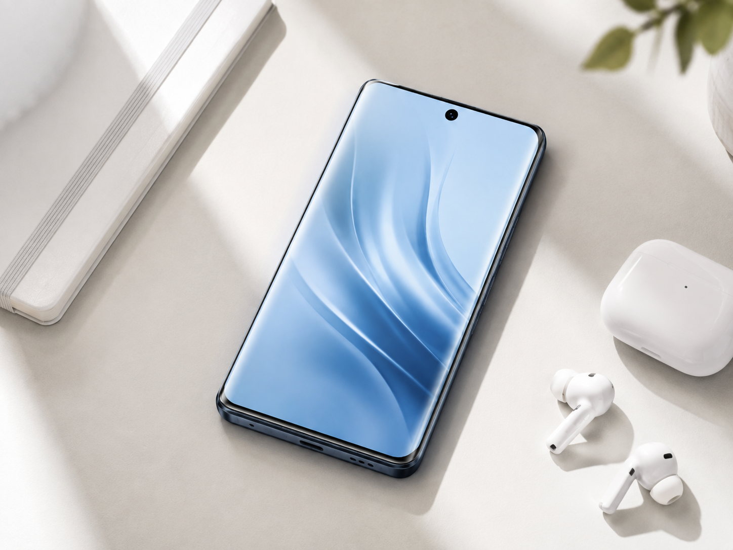 Flat-lay image of the vivo S2 display next to earbuds and a notebook