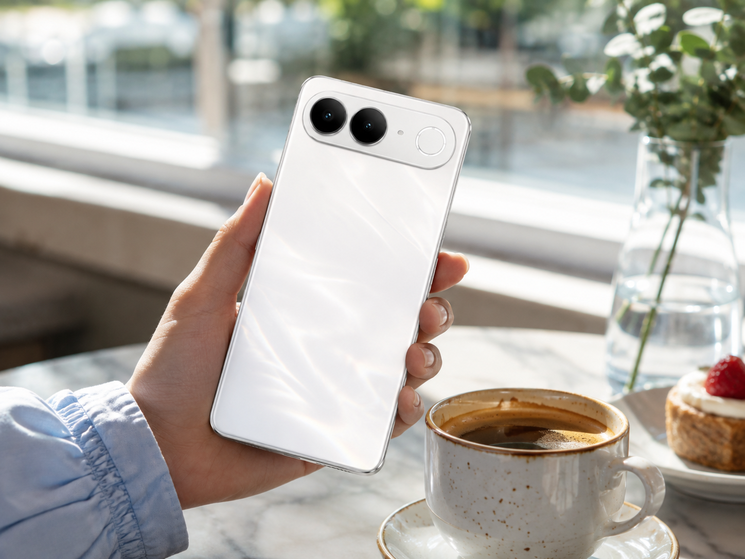 Lifestyle image of the vivo S2 being held at a cafe table
