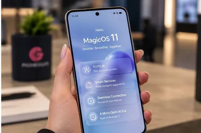 AI-generated PhonesGate visualization of MagicOS 11 and YOYO AI on an HONOR phone